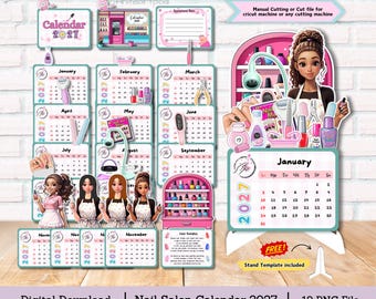 Nail Salon Calendar 2027, Desk Calendar, beauty salon calendar, png cut file, digital download
