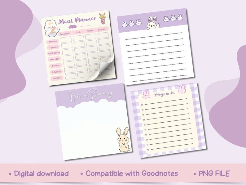 May include: A set of four digital planner pages featuring a cute bunny rabbit illustration. The pages include a meal planner, a to-do list, a notes page, and a "Keep on Dreaming" page. The pages are designed in a pastel purple and pink color scheme.