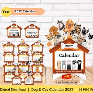 Peut inclure: Un calendrier 2027 en téléchargement numérique avec des illustrations de chiens et de chats. L'ensemble comprend une couverture, des pages mensuelles en forme de niches et une carte d'affirmation. Chaque page affiche des graphiques d'animaux, des dates et le texte A year full of pawsitive vibes and cozy moments. Un modèle de support est inclus pour l'assemblage.