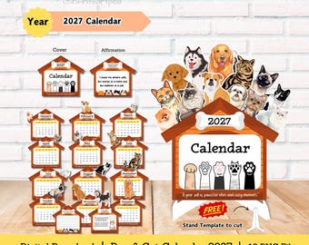Dog Calendar, Cat Calendar, Desk Calendar, Calendar 2027, mini calendar, printable calendar, cut file for cricut, pet lover calendar