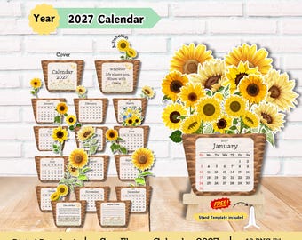 Sunflower Desk Calendar 2027, flower calendar, DIY Cut File (PNG)