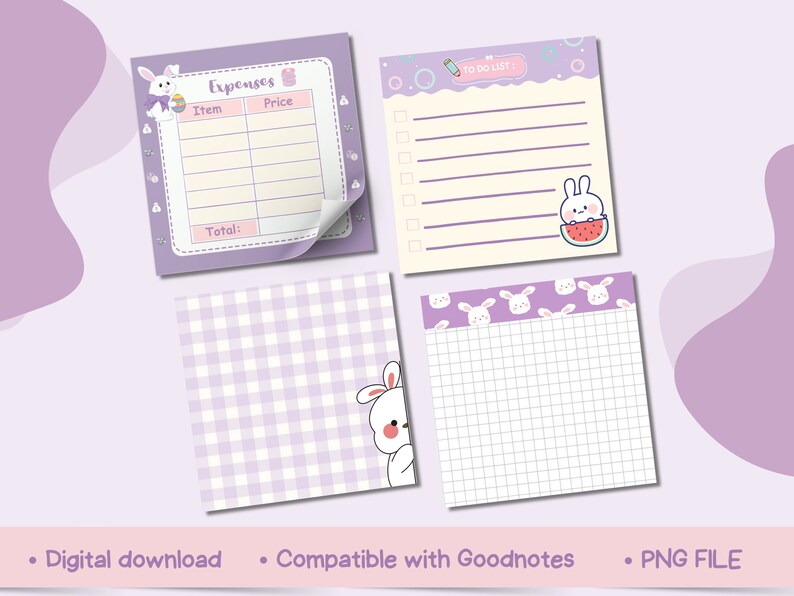 May include: Four digital planner stickers featuring a cute bunny rabbit design. The stickers include a checklist, a grid, a checkered pattern, and an expense tracker. The stickers are compatible with Goodnotes and are available as a PNG file.