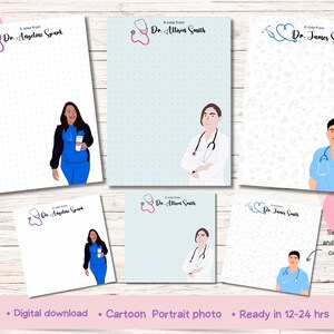 May include: A collection of personalized doctor's notepads featuring cartoon portraits. Each notepad has a doctor's name and a stethoscope design. The notepads are available as a digital download and can be customized with a photo.