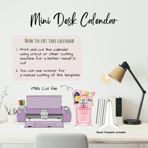 May include: A digital graphic for a Mini Desk Calendar featuring a purple cutting machine, a perfume bottle-shaped calendar design with beauty accessories, and a white stand template. Text includes instructions on how to cut the calendar.