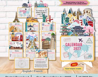 May include: A 2027 travel-themed calendar set featuring 12 monthly pages with illustrations of global landmarks like the Eiffel Tower, Colosseum, and Sydney Opera House. The set includes a world map cover, travel stamps, and a stand template for assembly.