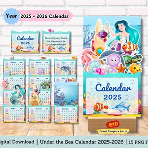 May include: A printable under the sea calendar for the year 2025-2026. The calendar features a mermaid, seahorses, starfish, and other ocean creatures. The calendar is a digital download and includes 15 PNG files.