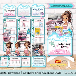 Op de afbeelding: Een digitale download waswinkelkalender voor 2026. De kalender heeft een roze en blauw ontwerp met illustraties van wasgoedartikelen en een wasmeisje. De kalender bevat de maanden van het jaar en de tekst "Laundry".