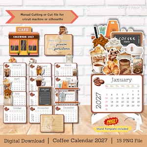 Könnte beinhalten: Ein digitales 2027-Kalender-Set zum Thema Kaffee mit zwölf Monatsseiten, illustriert mit Kaffeegetränken, Gebäck und Café-Elementen. Enthält eine Ständervorlage sowie manuelle Schnitt- oder Schneidedateien für Cricut- oder Silhouette-Maschinen.
