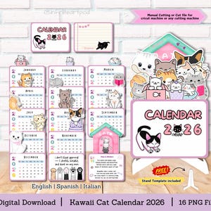 Calendário de Gatos Kawaii 2026, Calendário de Mesa, Calendário 2026, Calendário de Gatos, calendário empilhável, arquivo de corte para Cricut, calendário imprimível, arquivo PNG