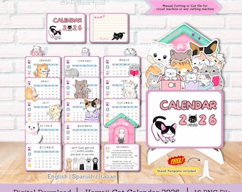 Calendario Kawaii Cat 2026, Calendario da tavolo, Calendario 2026, Calendario Cat, calendario impilabile, file di taglio per Cricut, calendario stampabile, file PNG