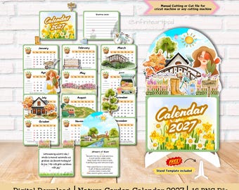 Calendario de jardín 2027, Calendario de naturaleza 2027, Calendario de escritorio floral, archivo de corte para Cricut, descarga instantánea