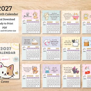 May include: A 2027 12-month digital download calendar featuring a cover and twelve monthly pages. Each page displays a grid for dates, a notes section, and illustrations of cats with motivational text. Available in A5 and US Letter sizes.
