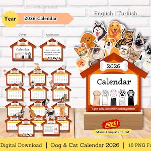 Hondenkalender, kattenkalender, bureaukalender, kalender 2026, minikalender, afdrukbare kalender, gesneden bestand voor cricut, kalender dierenliefhebber