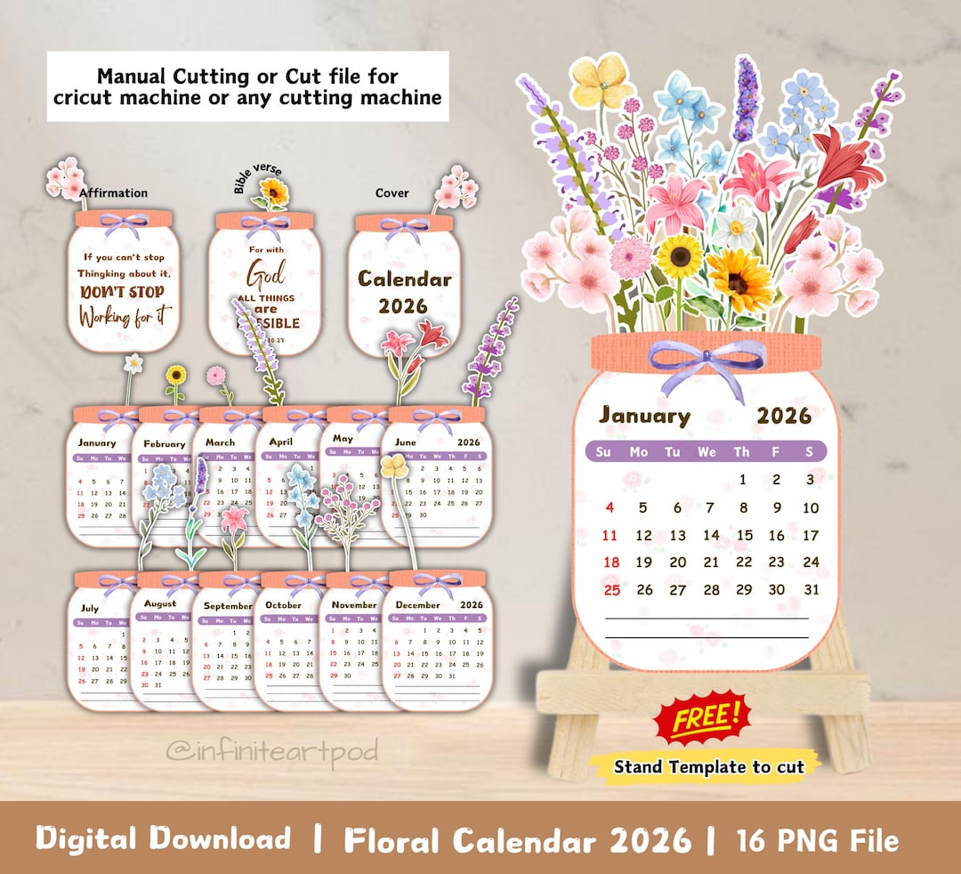 Floral Desk Calendar, Flower Calendar 2026, Calendar Template