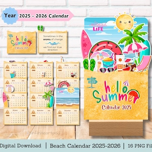 Puede incluir: Un calendario imprimible con temática de playa para el año 2025-2026. El calendario presenta un fondo amarillo brillante con el texto "hello summer" y una escena de playa colorida. El calendario está diseñado para ser impreso y utilizado como un calendario de pared.