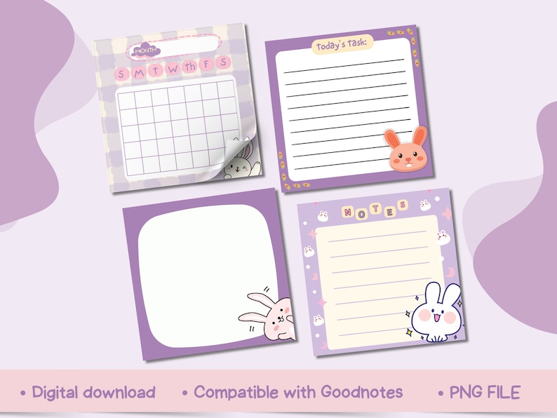 May include: Four digital planner stickers featuring a purple and white checkered pattern, a bunny illustration, and the text "MONTH", "Today's task", "NOTES", and blank space.