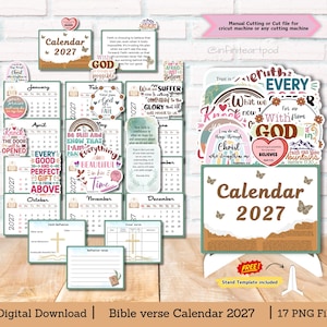 Pode incluir: Um conjunto de calendário 2027 com doze páginas mensais contendo textos religiosos, citações inspiradoras e ilustrações de borboletas. O conjunto inclui um modelo de suporte, páginas de diário de oração e cartões de reflexão de fé, projetados para corte manual ou com máquina.