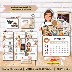 以下が含まれることがあります： コーヒーをテーマにした2027年カレンダーのデジタルダウンロードセット。手動カットやCricutマシン用の15個のPNGファイルが含まれています。月間カレンダーページ、表紙、コーヒー飲料、コーヒー豆、バリスタのキャラクターのイラストが収録されています。
