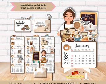Coffee Calendar, Coffee Lover Calendar, desk calendar, calendar 2027, mini calendar, cut file calendar