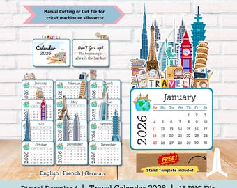 Calendario de viajes, calendario de destinos emblemáticos, calendario de escritorio, calendario 2026, minicalendario, calendario recortable