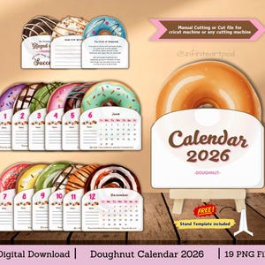 May include: A digital download of a 2026 doughnut calendar. The calendar features colourful doughnut illustrations for each month. The image includes the text "Calendar 2026 - Doughnut" and "Digital Download".