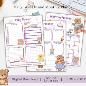 Bear Daily Planner, Bear Monthly Planner, Bear weekly planner, bear planner, bear notepad, kawaii notepad, szablon notatnika, lista rzeczy do zrobienia