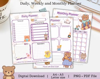 Bear dagelijkse planner, Bear maandelijkse planner, Bear weekplanner, berenplanner, berennotitieblok, kawaii-kladblok, blocnotesjabloon, takenlijst