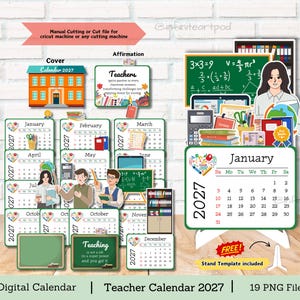 Puede incluir: Un conjunto de calendario digital para docentes 2027 con 19 archivos PNG. Incluye páginas de calendario mensual, una portada de escuela, tarjetas de afirmación e ilustraciones de docentes con útiles escolares como libros y globos.
