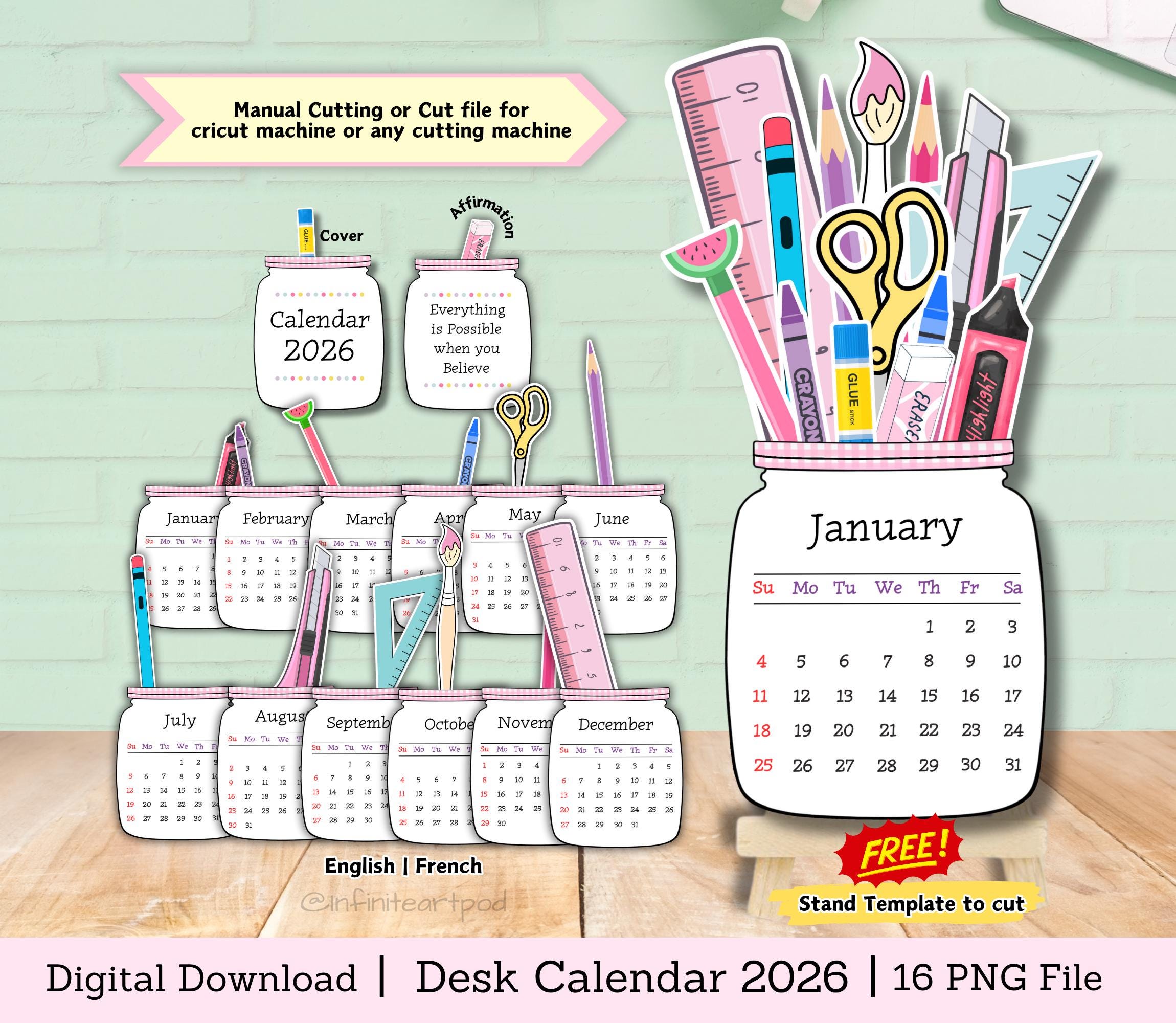 Kalender für 2026, Tischkalender, Lehrerkalender, printable Kalender, Ausschneidedatei Kalender, Konservendateikalender, diy Kalender