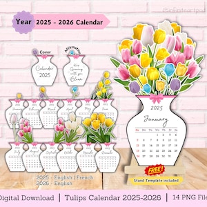 Calendario dei tulipani, calendario floreale, calendario dei fiori, calendario da tavolo, calendario 2025, calendario da ritagliare