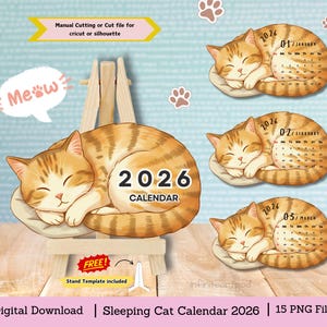 May include: A digital download of a 2026 calendar shaped like a sleeping ginger tabby cat. The calendar includes the months of January, February, and March. The image includes the text "Mew" and "Manual Cutting or Cut file for cricut or silhouette."