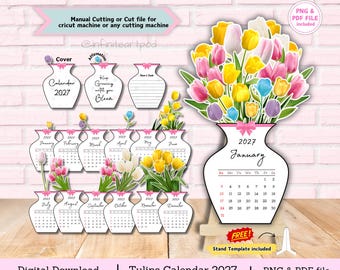 May include: A 2027 printable calendar set featuring vase-shaped pages with tulip illustrations. Each month displays a unique tulip arrangement in yellow, pink, white, and purple. Includes a cover page, affirmation page, and a stand template for assembly.