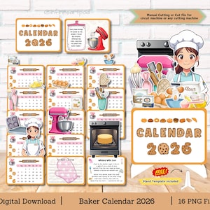 May include: A digital download baker calendar for 2026, featuring a cartoon chef and baking-themed illustrations. The calendar includes monthly pages, baking tools, and the text "CALENDAR 2026". The image also includes the text "Digital Download | Baker Calendar 2026 | 16 PNG File".