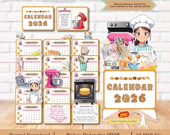 Baker Desk Calendar 2026: Baking Illustration PNG Cut File (Cricut/Silhouette)