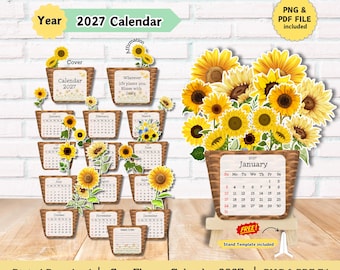 Sunflower Desk Calendar 2027, flower calendar, DIY Cut File (PNG & PDF)