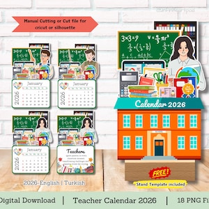 Calendário do professor, calendário do professor, calendário escolar, calendário de mesa, calendário 2026, arquivo de corte para cricut, mini calendário