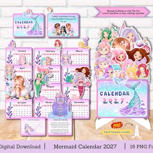 May include: A 2027 mermaid-themed calendar set featuring twelve monthly pages with illustrations of mermaids, sea creatures, and a castle. The set includes a cover page, a notes page, and a stand template, all decorated in pastel colors.