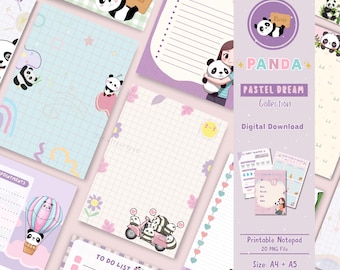 May include: A digital download of printable notepad templates featuring cute panda illustrations in pastel colors. The set includes 20 PNG files in A4 and A5 sizes. The text "Panda Pastel Dream Collection" is featured on the cover.