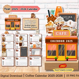 Puede incluir: Un calendario imprimible con temática de cafetería para el año 2025-2026. El calendario presenta una ilustración de dibujos animados de una cafetería con un letrero que dice "Cafe Calendar 2025". El calendario está disponible para descargar digitalmente e incluye 15 archivos PNG.