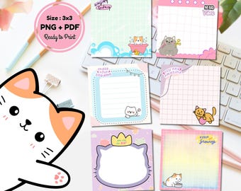 Kawaii katt anteckningsblock, utskrivbart anteckningsblock, memoblock, att-göra-lista, brevpapper anteckningsblock