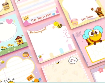 May include: A set of 12 printable bee-themed sticky notes with various designs and sayings. The notes are pink, yellow, and white with bee illustrations and text such as "Bee-lieve in yourself" and "I bee-long to Jesus".