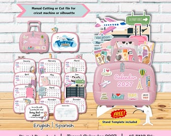 May include: A 2027 travel-themed calendar set featuring pink suitcase-shaped designs, monthly pages, and travel-related stickers. Text includes Calendar 2027, Travel Time, and various travel phrases. Includes a stand template and cut files.