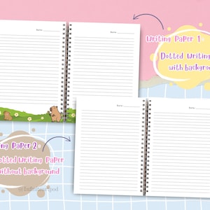 Pu&ograve; includere: Due quaderni aperti con pagine a righe e rilegatura a spirale. Un quaderno presenta un'illustrazione di capibara nella parte inferiore. Il testo recita "Writing Paper 1: Dotted Writing Paper with background" e "Writing Paper 2: Dotted Writing Paper without background."