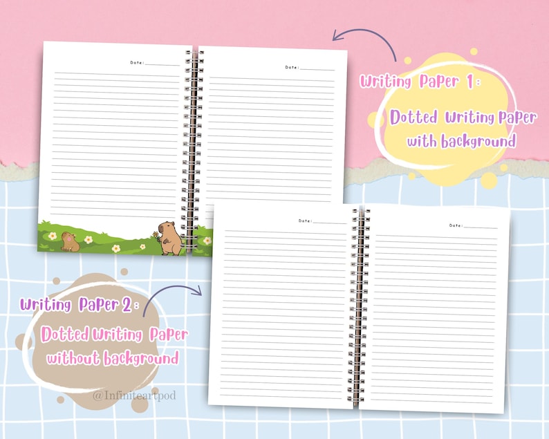Pu&ograve; includere: Due quaderni aperti con pagine a righe e rilegatura a spirale. Un quaderno presenta un'illustrazione di capibara nella parte inferiore. Il testo recita "Writing Paper 1: Dotted Writing Paper with background" e "Writing Paper 2: Dotted Writing Paper without background."