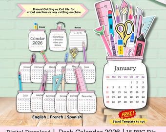 Calendar for 2026, desk calendar, teachers calendar, printable calendar, cut file calendar, canning file calendar, diy calendar