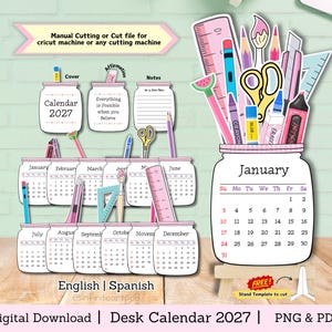 May include: A 2027 desk calendar digital download featuring mason jar-shaped pages for each month. The design includes illustrations of school and office supplies like rulers, scissors, glue, and pens. Text includes 'Calendar 2027', 'Everything is Possible when you Believe', and month names.