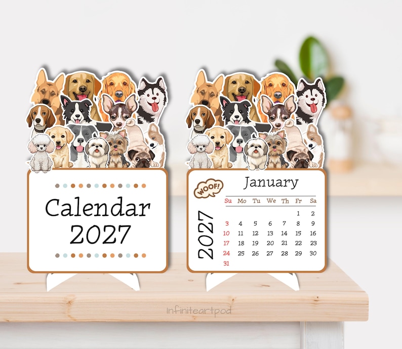 May include: Two desk calendars for 2027 featuring a colorful illustration of various dog breeds at the top. The left calendar displays the text Calendar 2027, while the right calendar shows the month of January 2027 with a grid of dates.