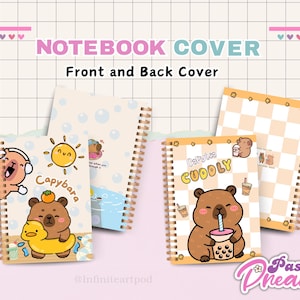 Pu&ograve; includere: Copertine di quaderni a spirale con illustrazioni di cartoni animati di orsi, anatre e bubble tea. Le copertine mostrano il testo "NOTEBOOK COVER", "Front and Back Cover", "Capybara" e "Cafeytea Cuddly". Lo sfondo ha un motivo a griglia.