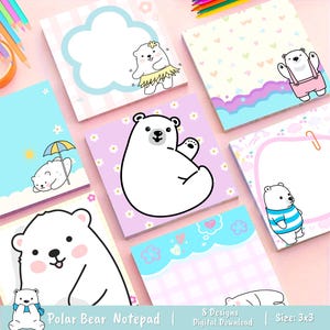 Puede incluir: Una descarga digital de 8 diseños de bloc de notas de oso polar imprimibles. Los diseños presentan osos polares lindos en varias poses y entornos, incluyendo un oso polar con un collar de flores, un oso polar sosteniendo un paraguas y un oso polar con una camisa a rayas. Los blocs de notas son de 3x3 pulgadas.