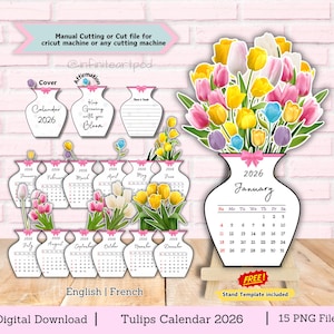 Tulpenkalender, Blumenkalender, Blumenkalender, Tischkalender, Kalender 2026, Schnittdateikalender